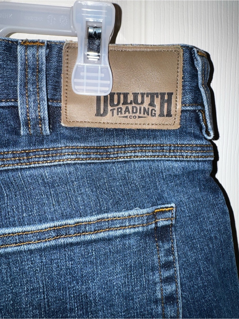 Duluth Trading Co Men's Dark Blue Straight Jeans with Brown Leather Patch